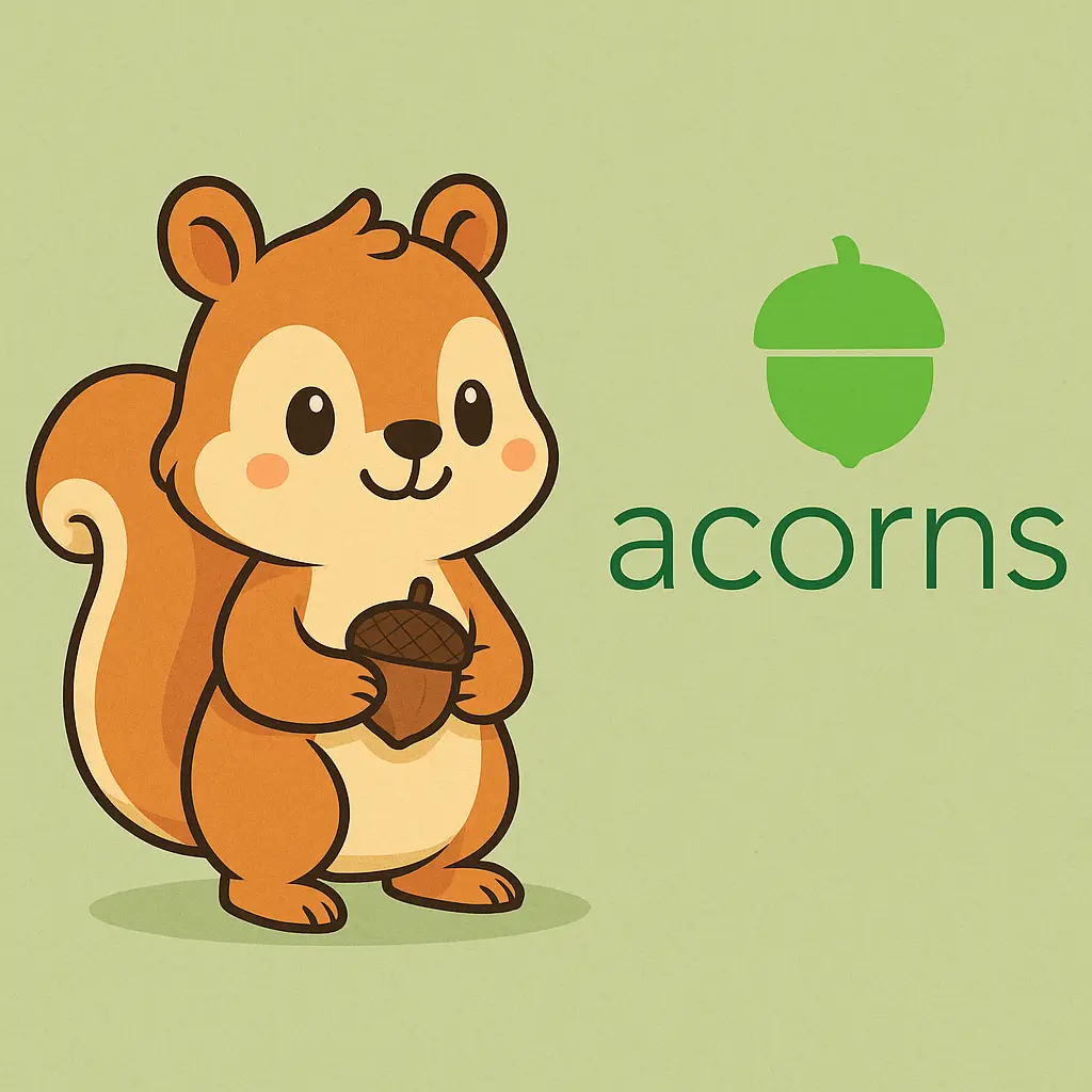 Acorns app review guide graphic with squirrel holding an acorn next to the Acorns logo.