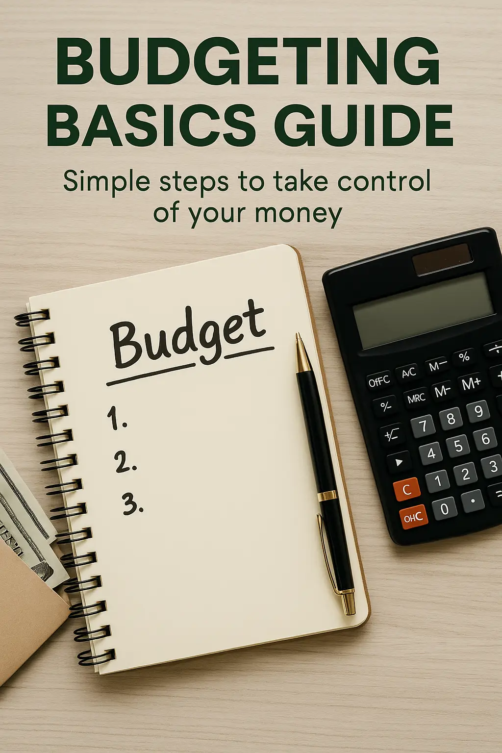 Budgeting basics guide photo showing notebook, and organized budget layout on a clean desk.