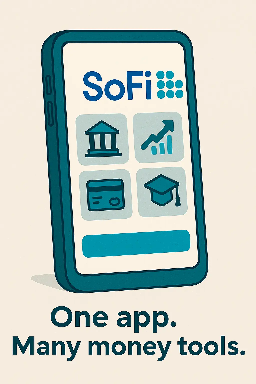 SoFi app review guide graphic showing mobile banking, investing, and loan features in one platform.