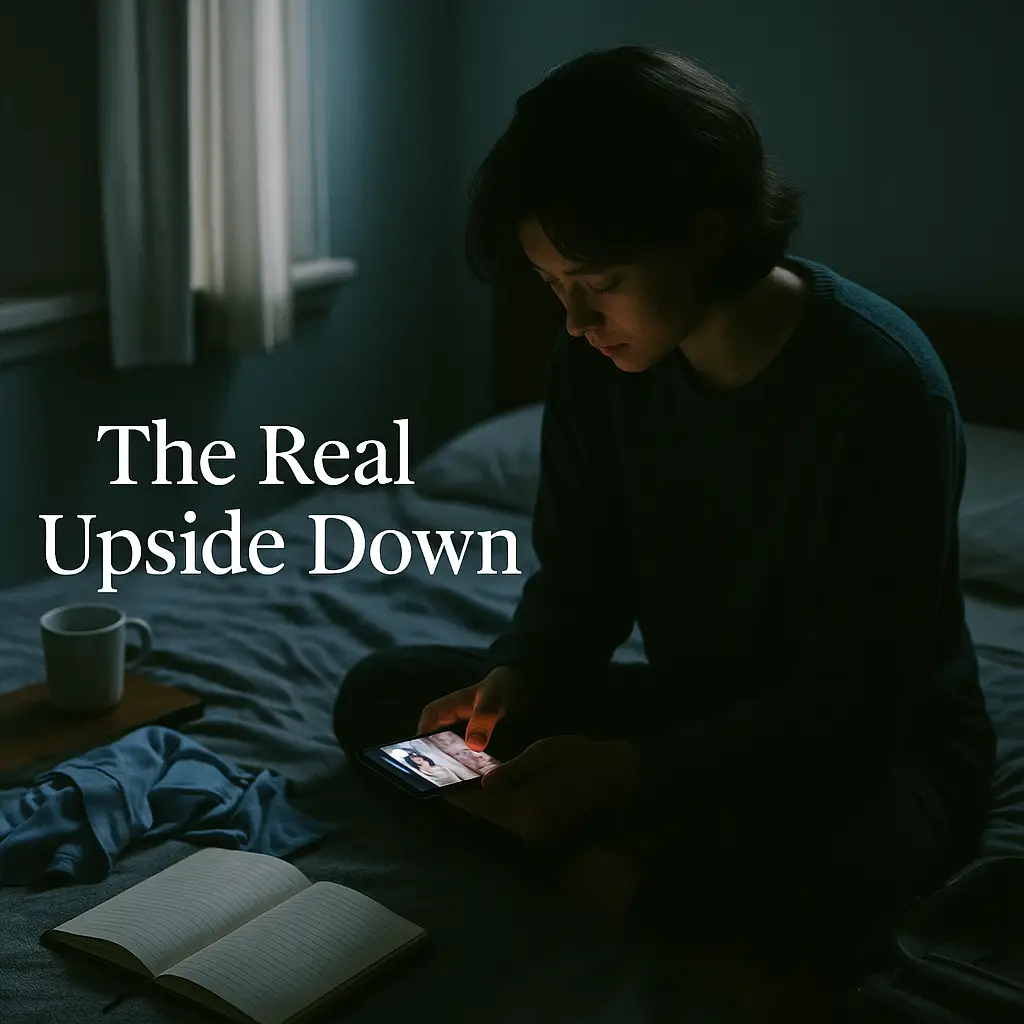 Person sitting in a dim room looking at a glowing phone while real life details surround them in the background.