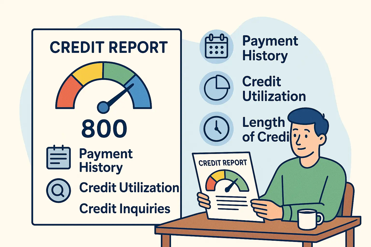 Illustration of a person reviewing a credit report with a credit score gauge and icons for payment history, credit utilization, length of credit, and inquiries.