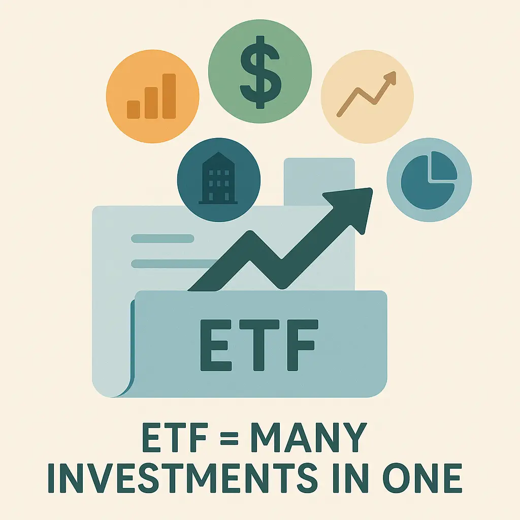 Flat-style illustration of an ETF folder with a growth arrow and icons for different types of investments, labeled ‘ETF = Many Investments in One’ to show diversification.