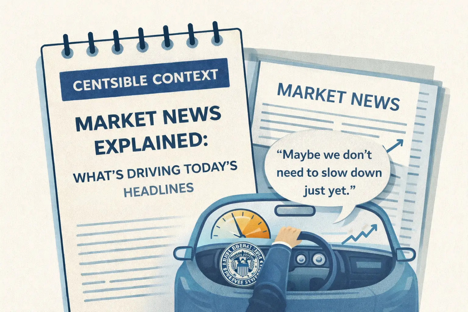 Illustration for Centsible Context showing market news explained calmly, with a notebook, newspaper headlines, and a car dashboard symbolizing the economy and interest rate discussion.