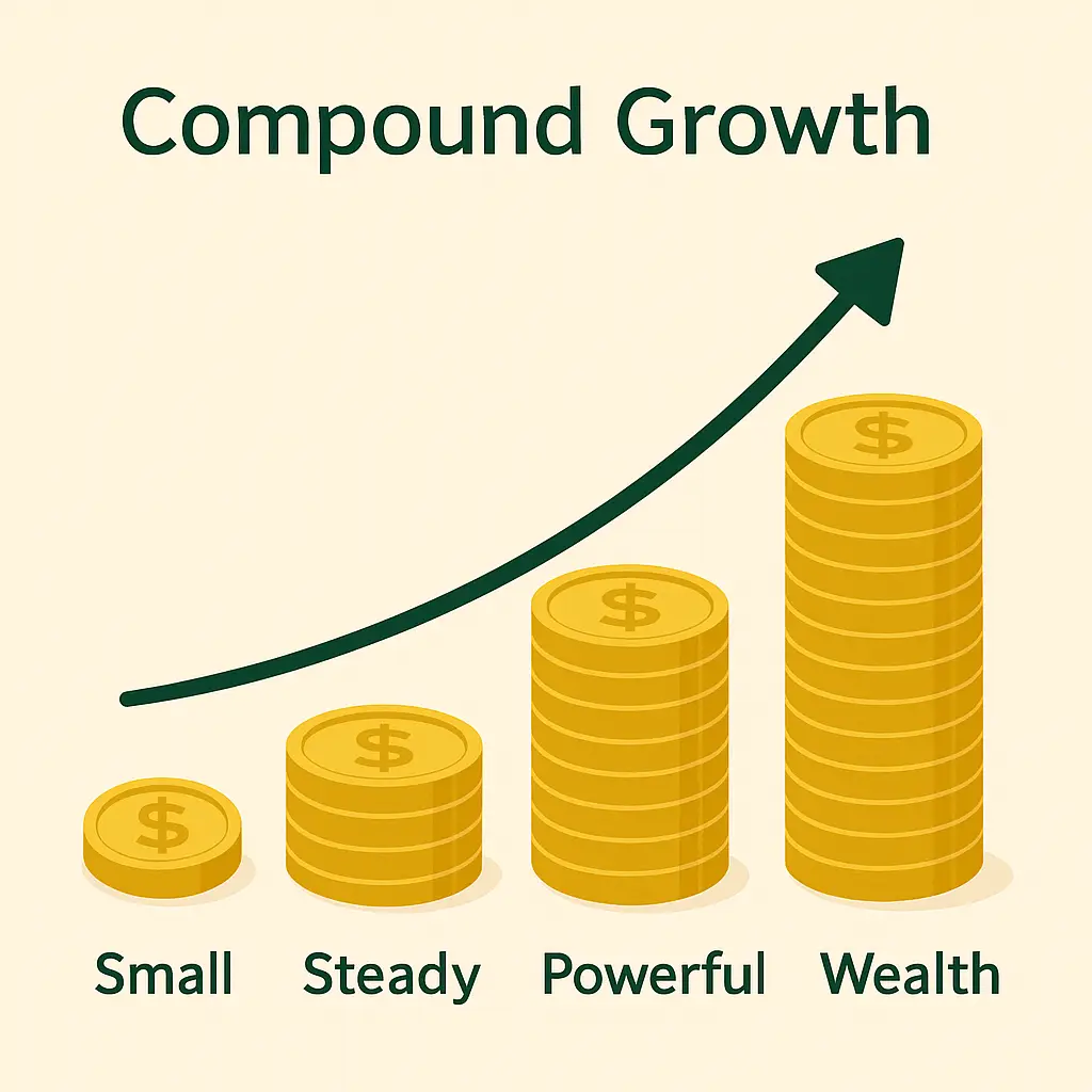 Compound growth guide illustration showing money growing steadily upward over time with a line graph and stacked coins.