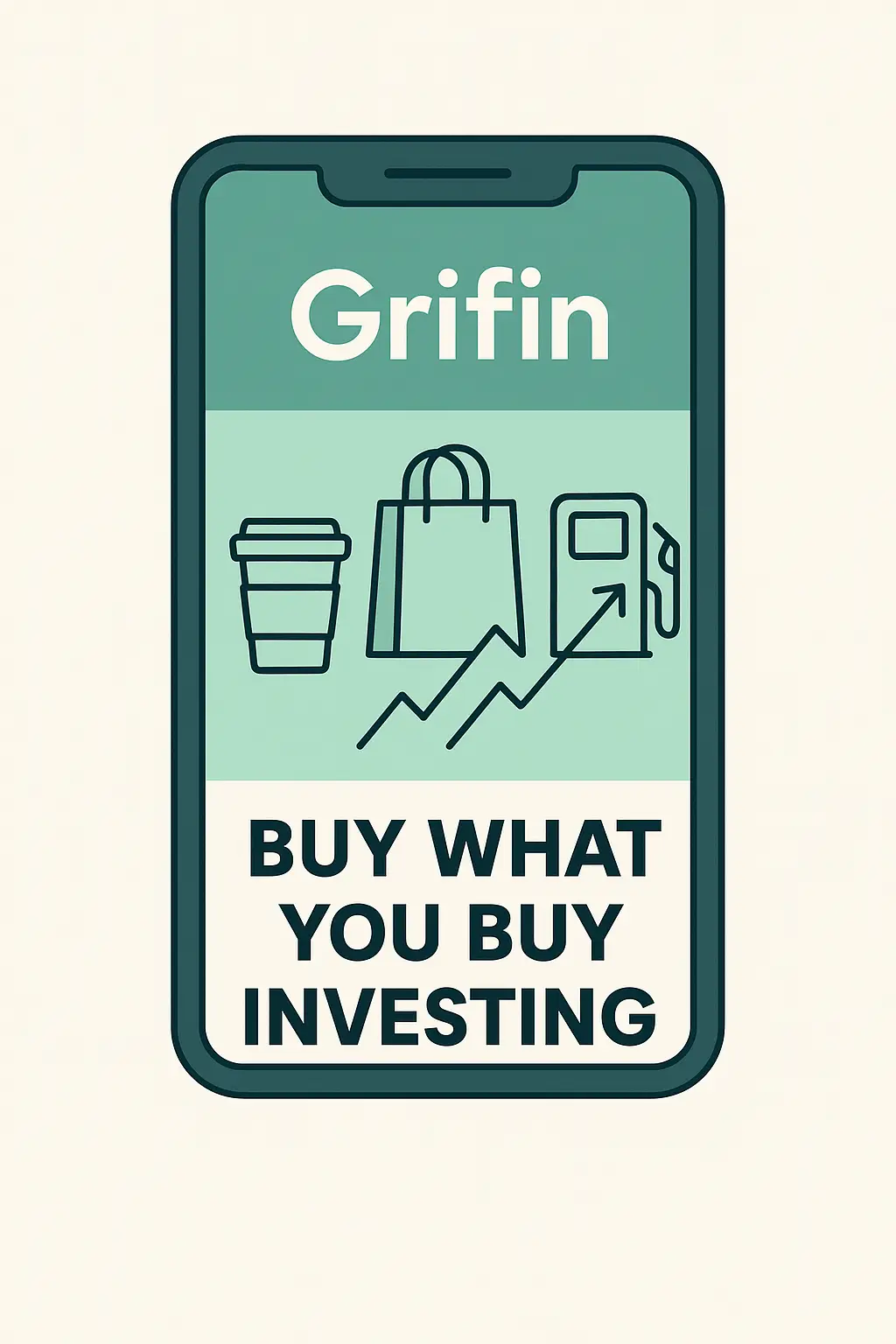 Grifin app review guide graphic showing a phone with automated investing icons triggered by everyday purchases.