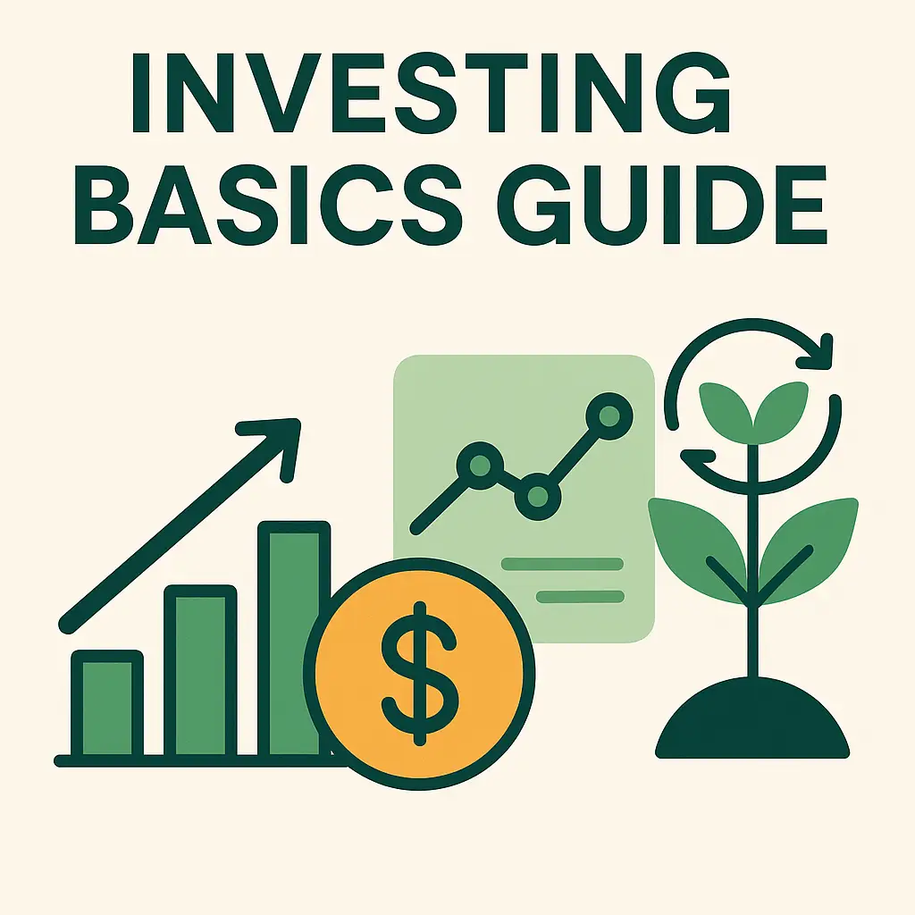 Investing basics guide illustration showing simple charts and money growth icons.